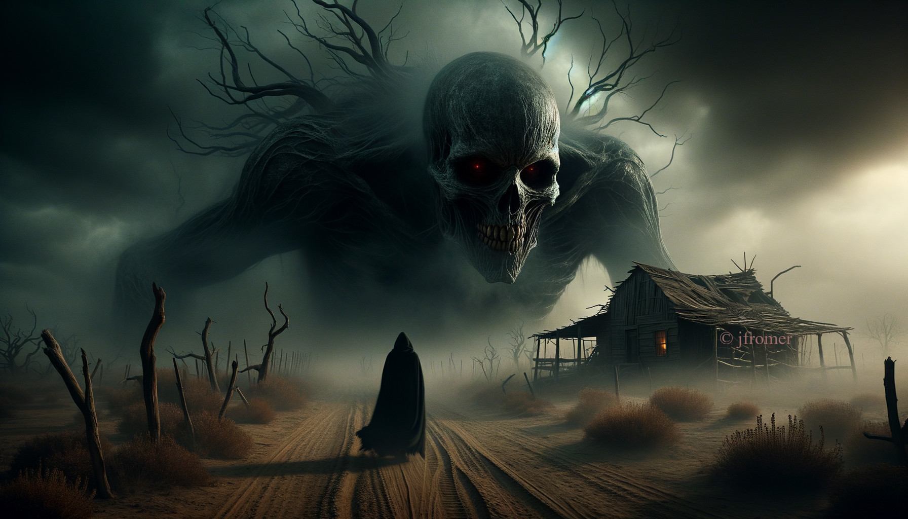 Eerie Artwork of a Skeletal Creature in a Desolate Landscape