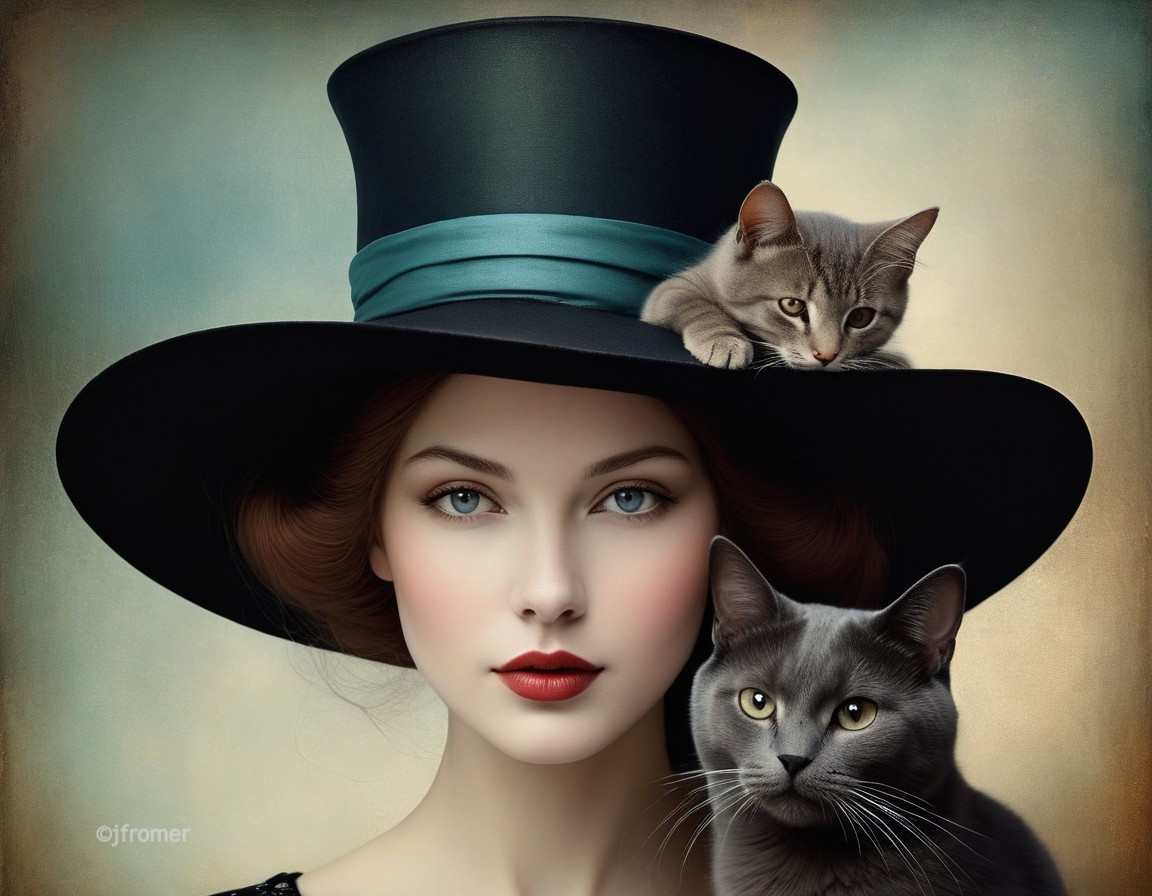 Sophisticated Woman with Cats and Black Hat