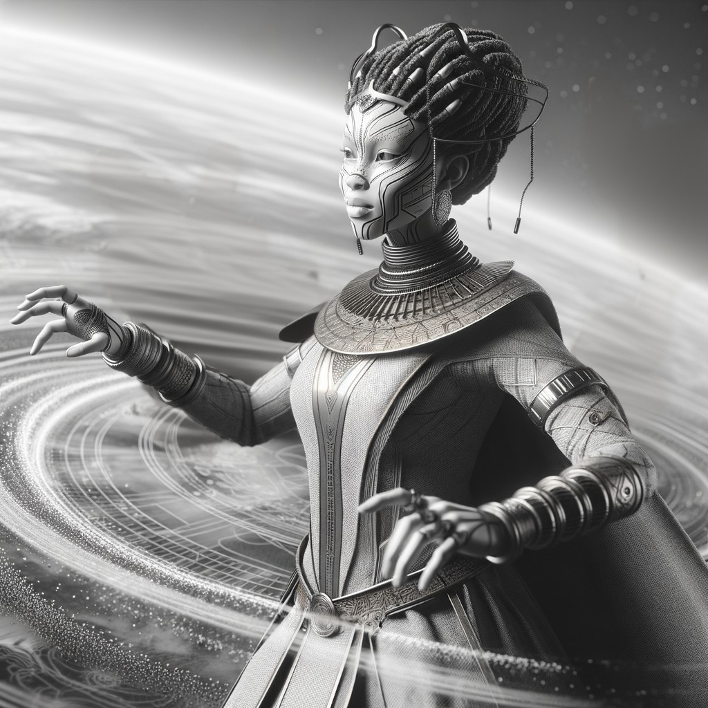 Futuristic figure in ornate metallic attire with cosmic elements