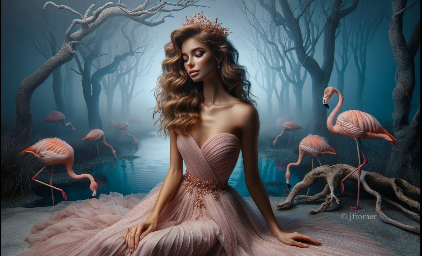 Mystical Forest Scene with Serene Figure and Flamingos