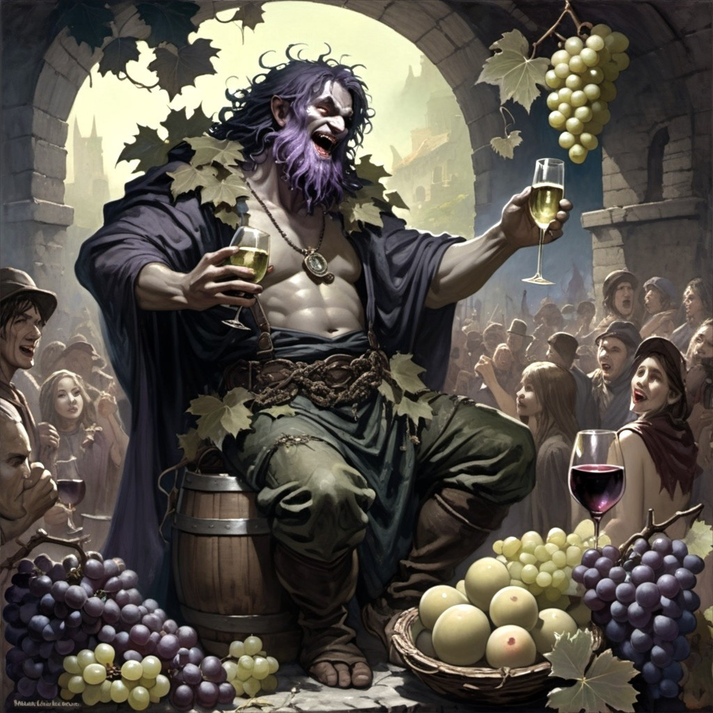 Vine-Clad Figure Celebrating with Wine and Fruits