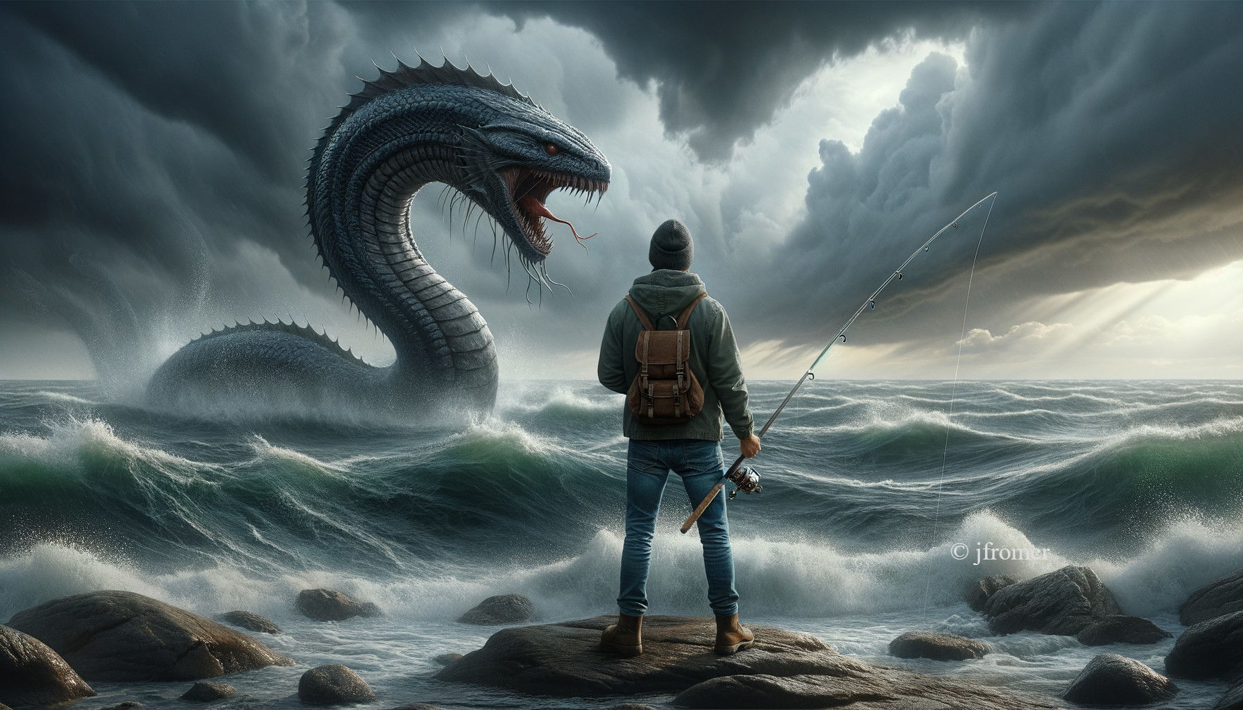 Angler on Rocky Shores Facing Colossal Sea Serpent