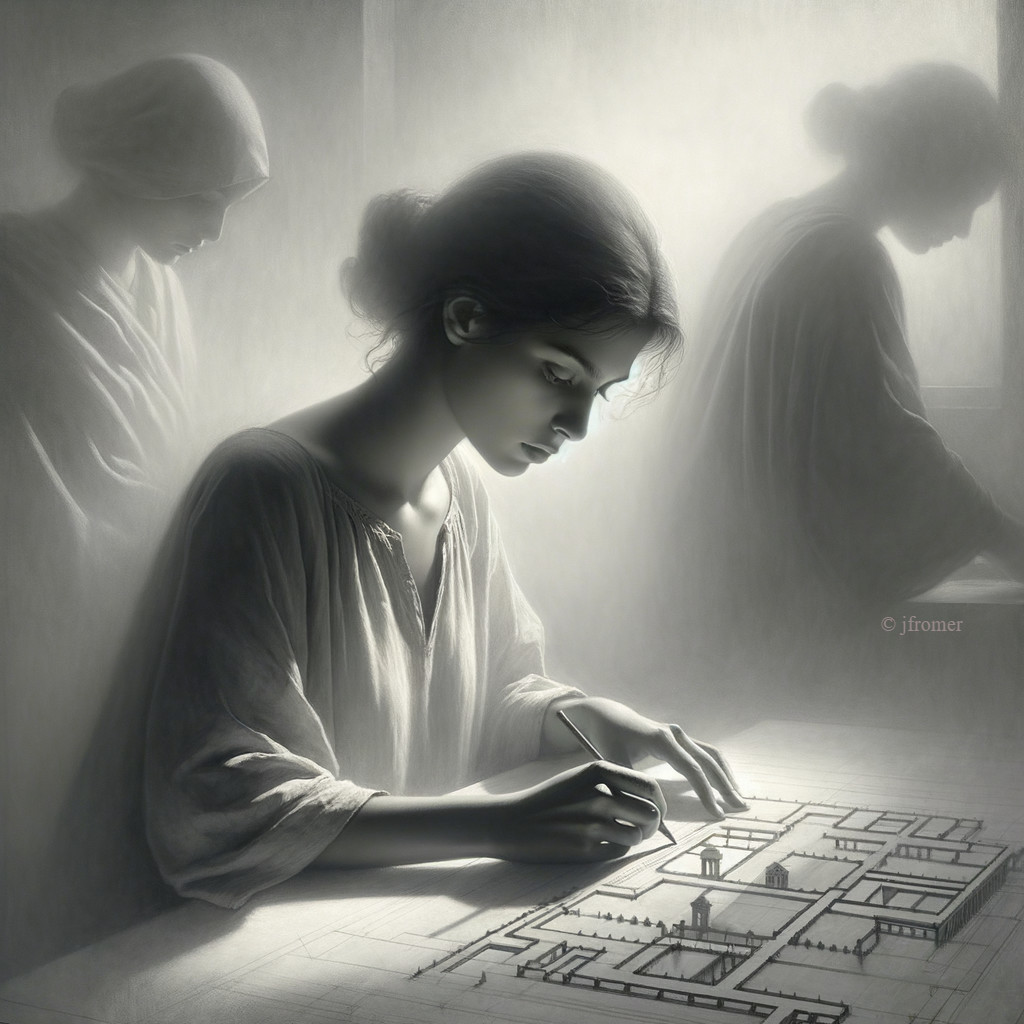 Young woman drafting architectural plans in soft light