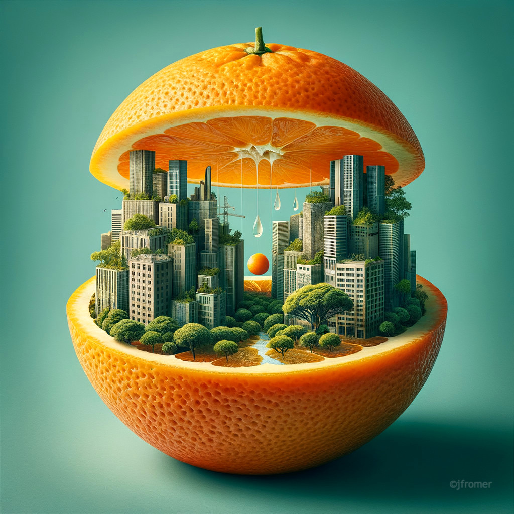 Vibrant Orange with Cityscape and Green Spaces Inside