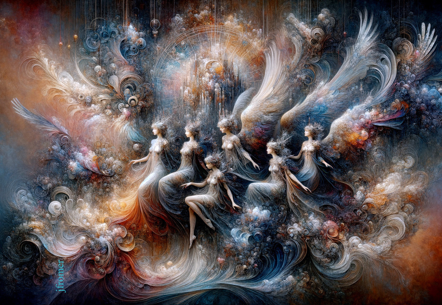 Ethereal Scene of Angelic Figures in Vibrant Clouds