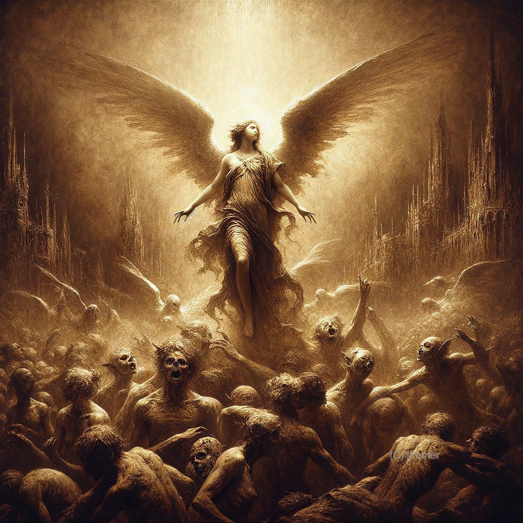 Luminous Angel Ascending Amidst Shadowy Figures