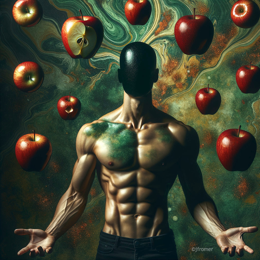 Muscular Faceless Figure Surrounded by Floating Apples
