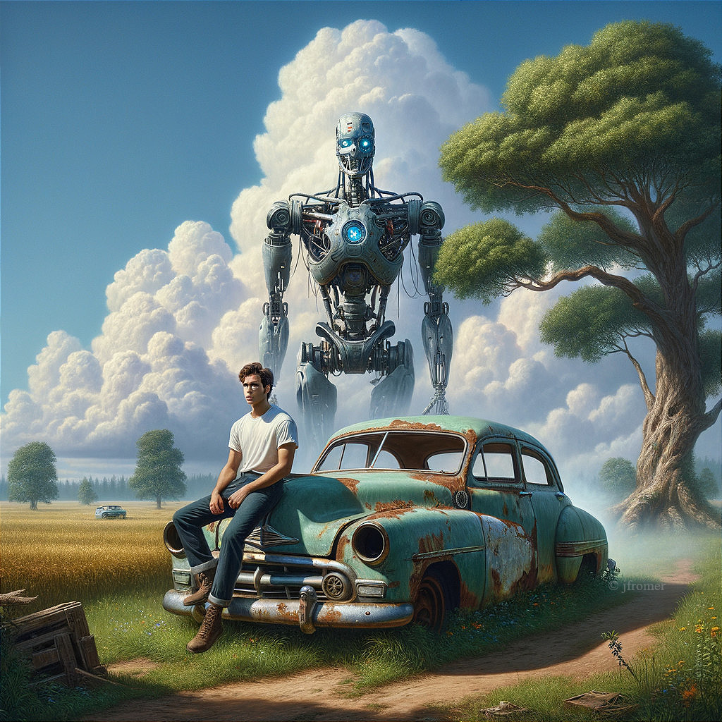 Surreal Landscape with Young Man and Futuristic Robot