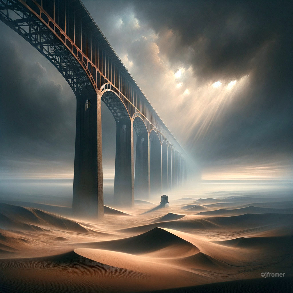 Desert Landscape with Railway Bridge and Misty Atmosphere