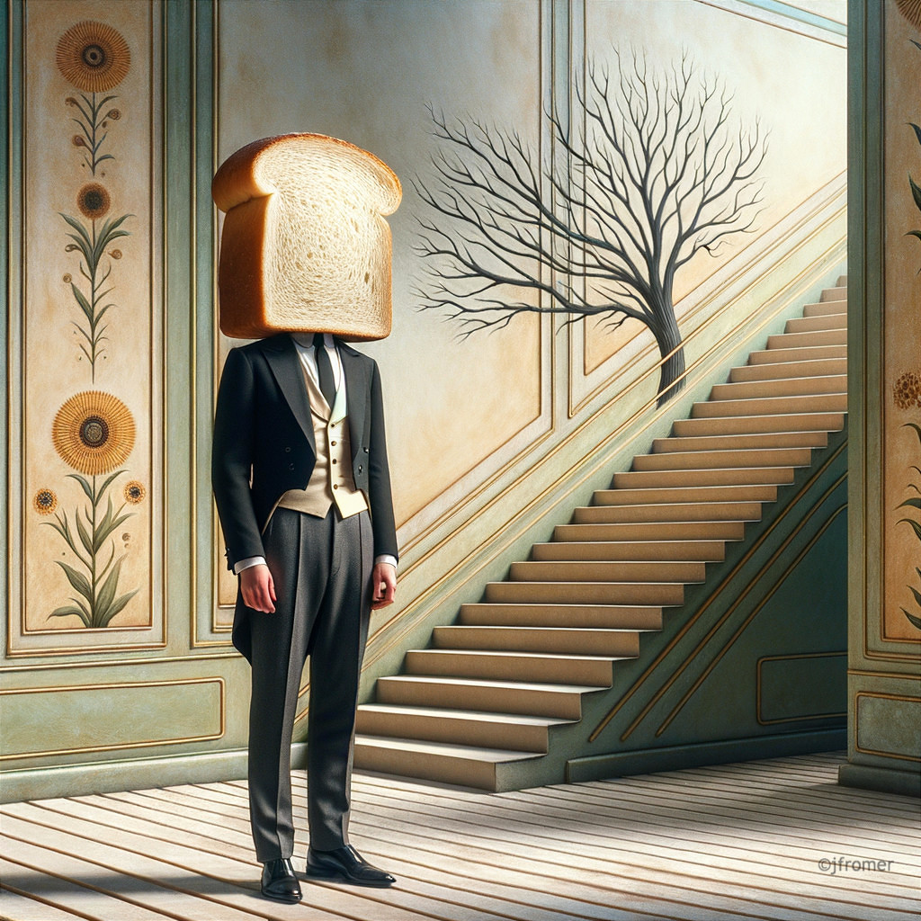 Surreal Scene of Man with Bread Head in Ornate Room