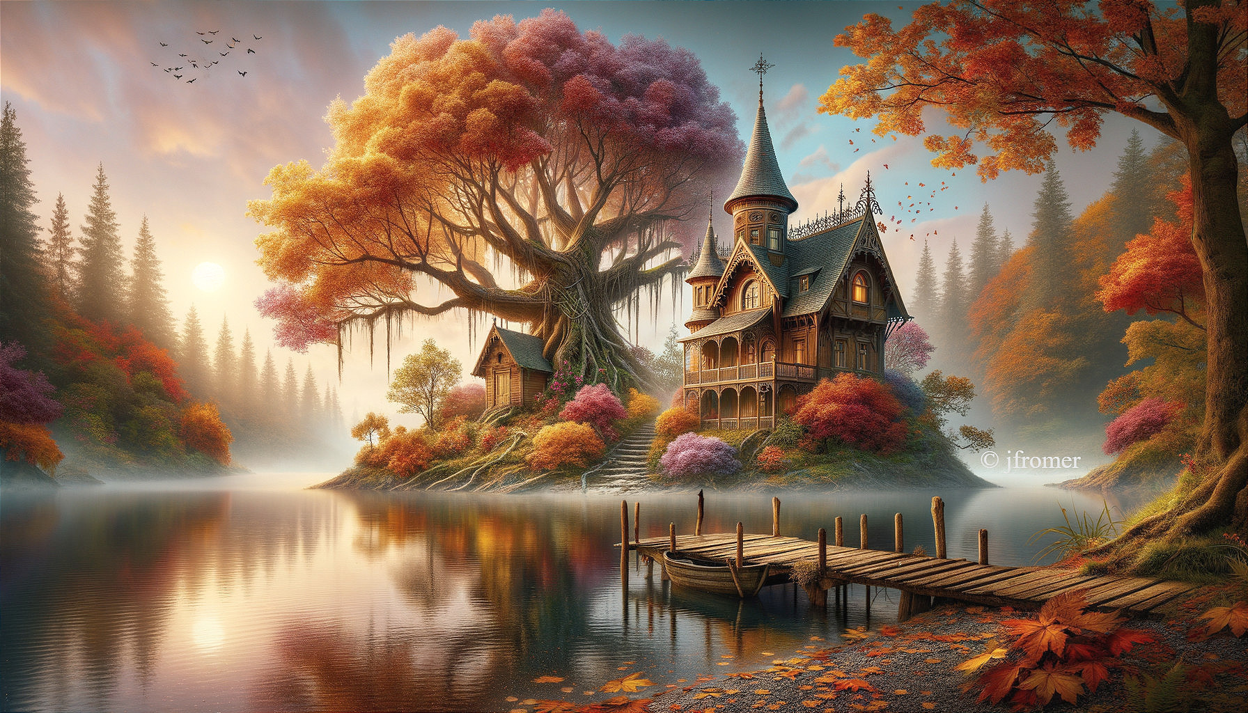 Majestic Tree and Cottage by Tranquil Lake Scene