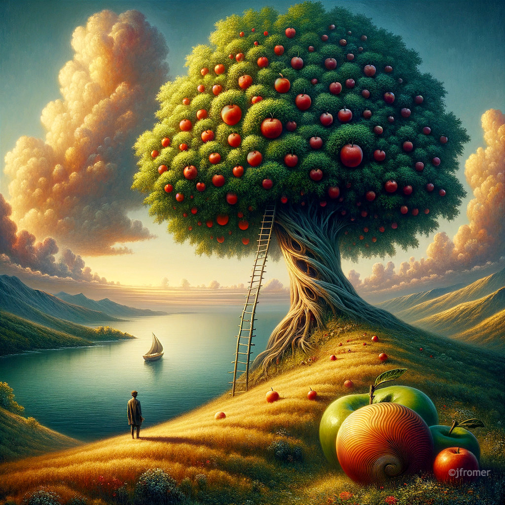 Majestic Tree and Vibrant Landscape with Oversized Fruit