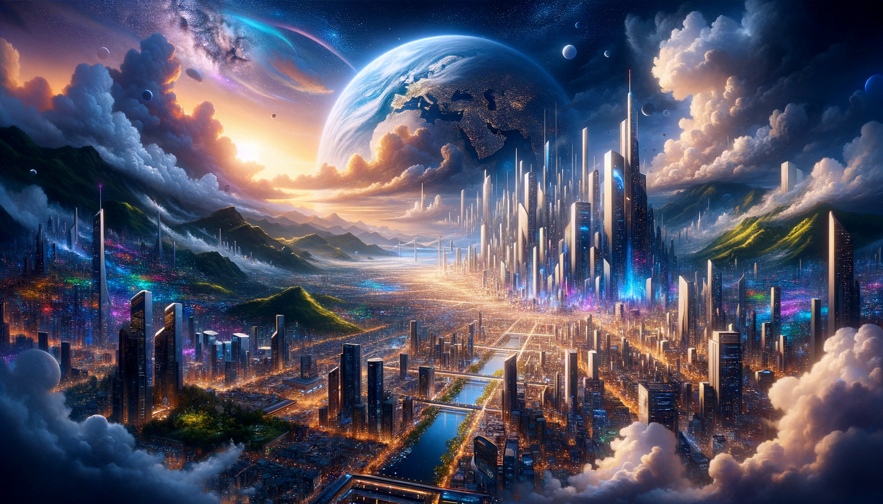 Futuristic cityscape with skyscrapers, rivers, mountains, cosmic sky, planet, and