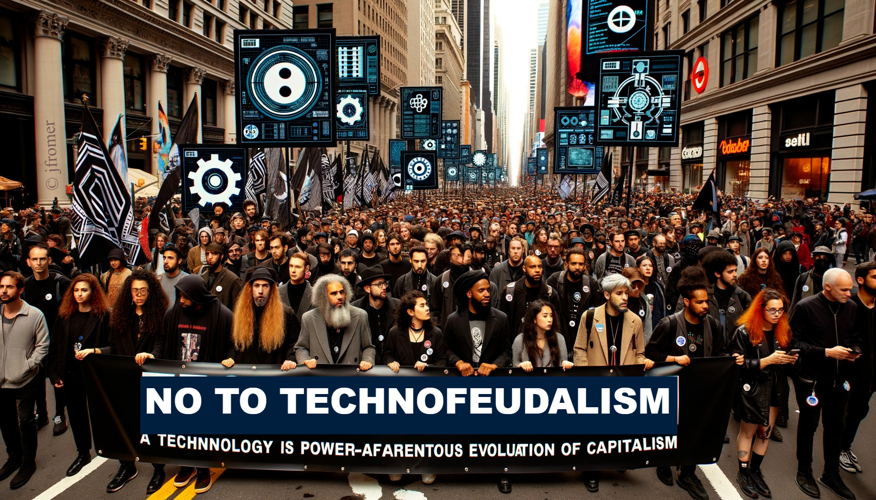 Diverse Protest Against Techno-Feudalism in City Street