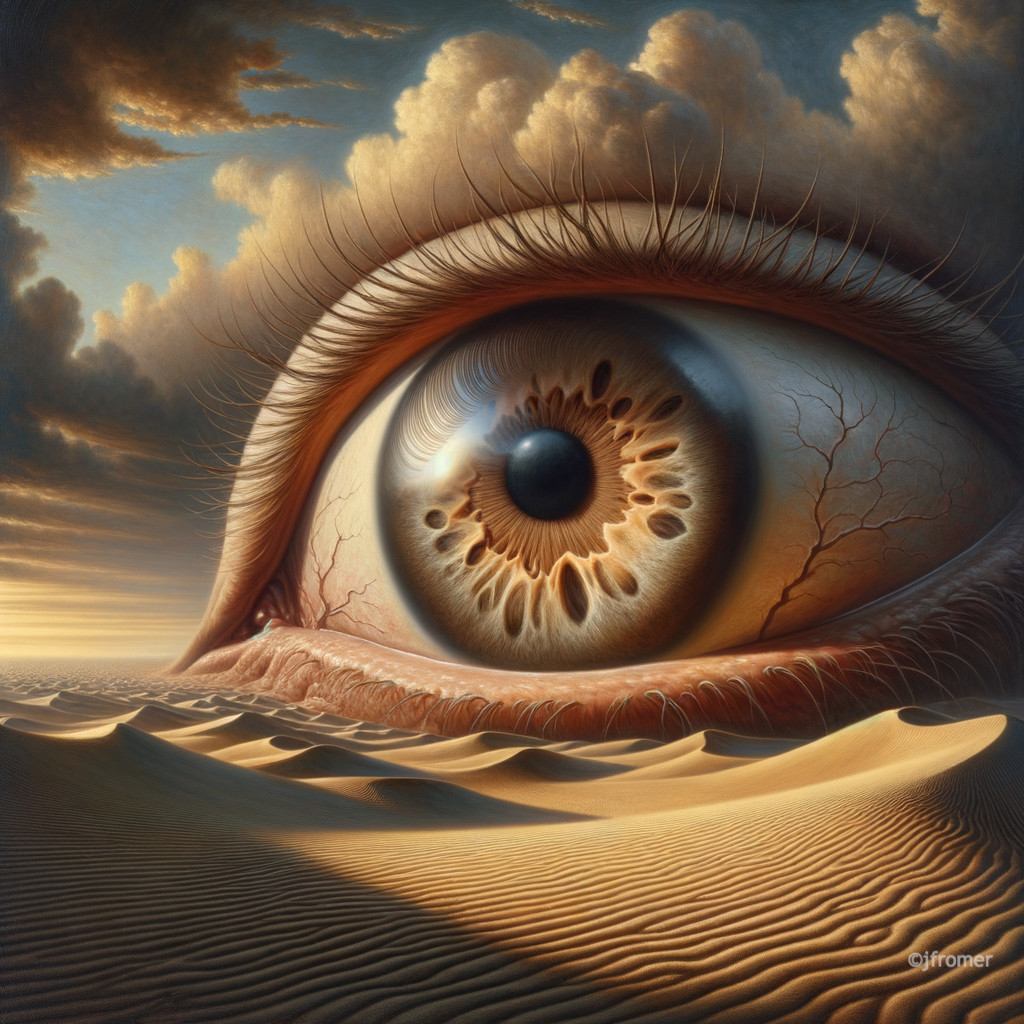 Surreal Oversized Eye in Desert Landscape Scene