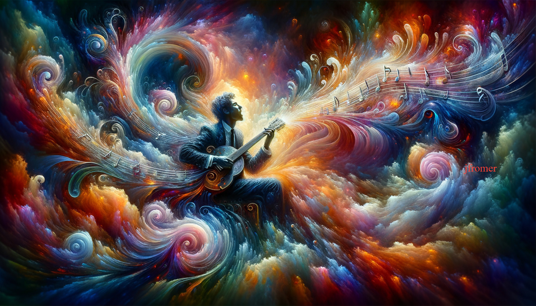 Surreal Scene of Guitarist Amidst Colorful Clouds