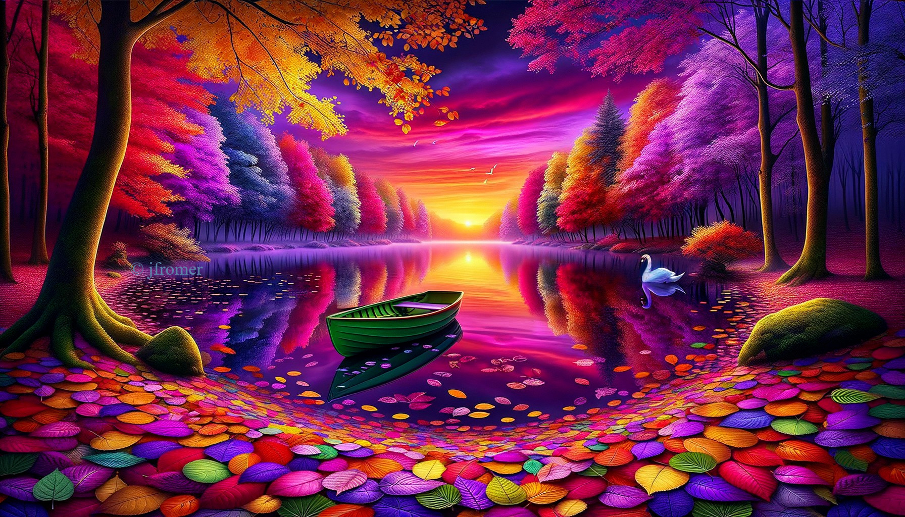 Serene Lake at Sunset with Autumn Foliage and Swan