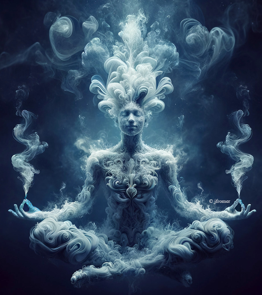 Surreal Artwork of Meditating Figure with Smoke Patterns