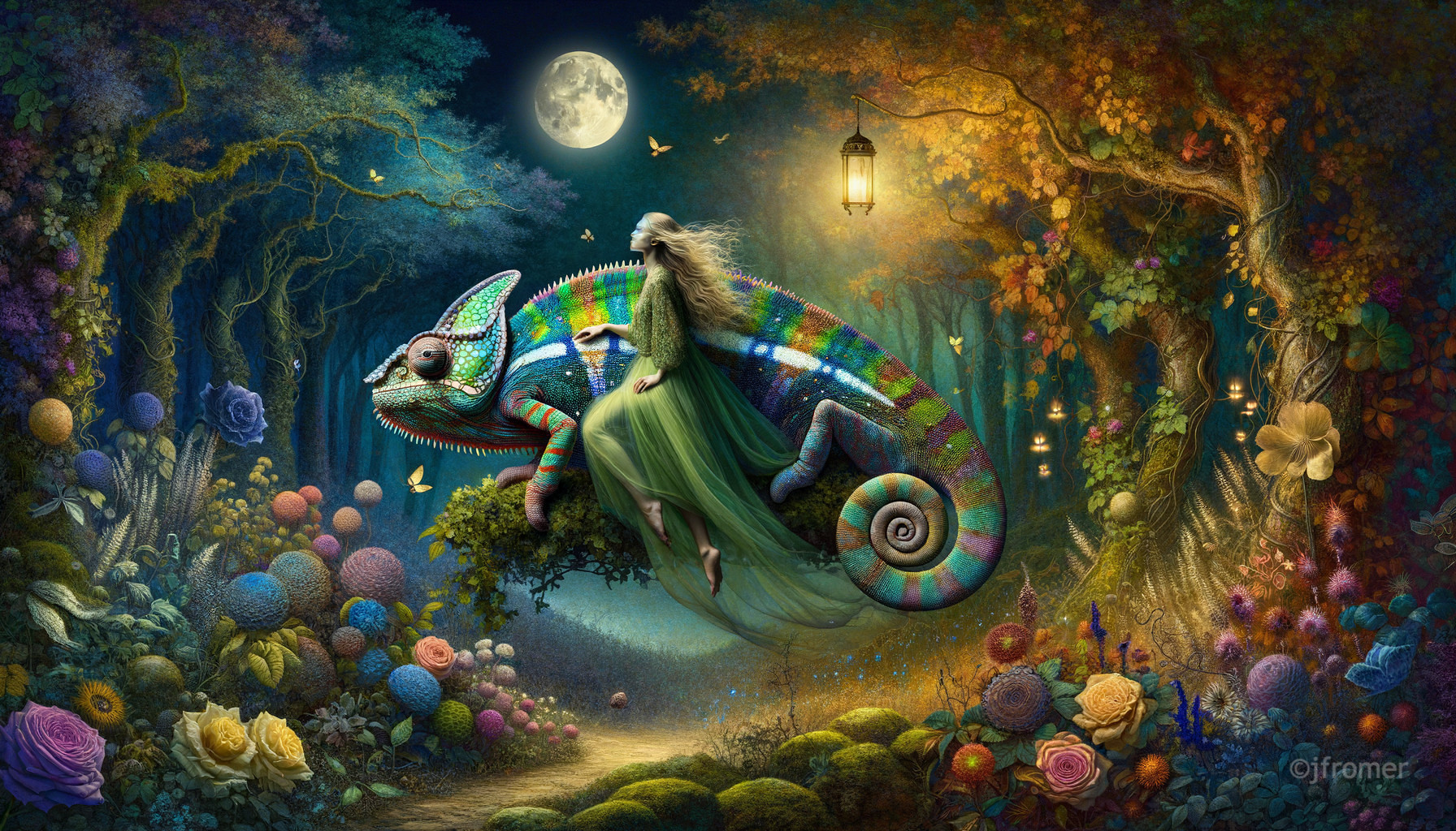 Magical forest scene with chameleon and ethereal figure