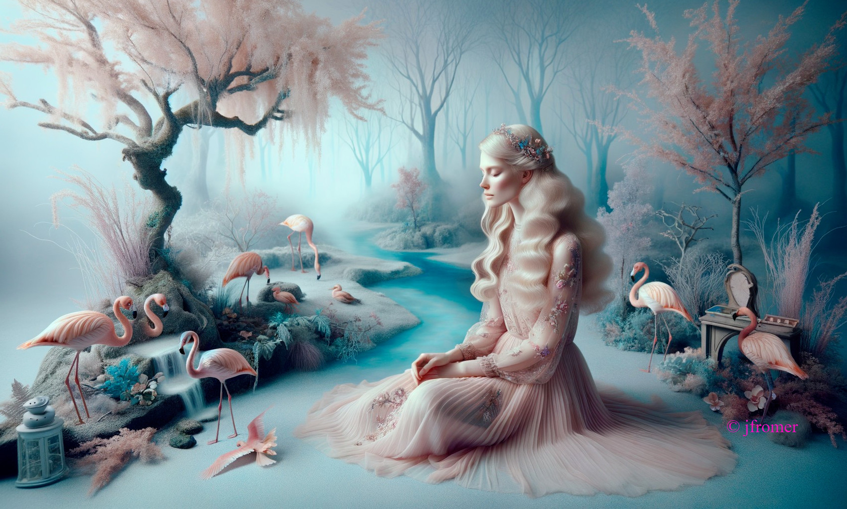 Young Woman by Tranquil Stream in Dreamlike Landscape