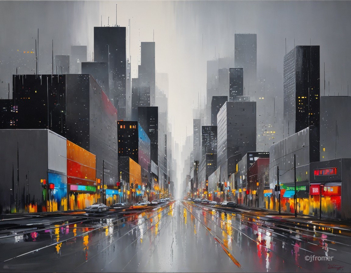 Vibrant cityscape with colorful storefronts and rain