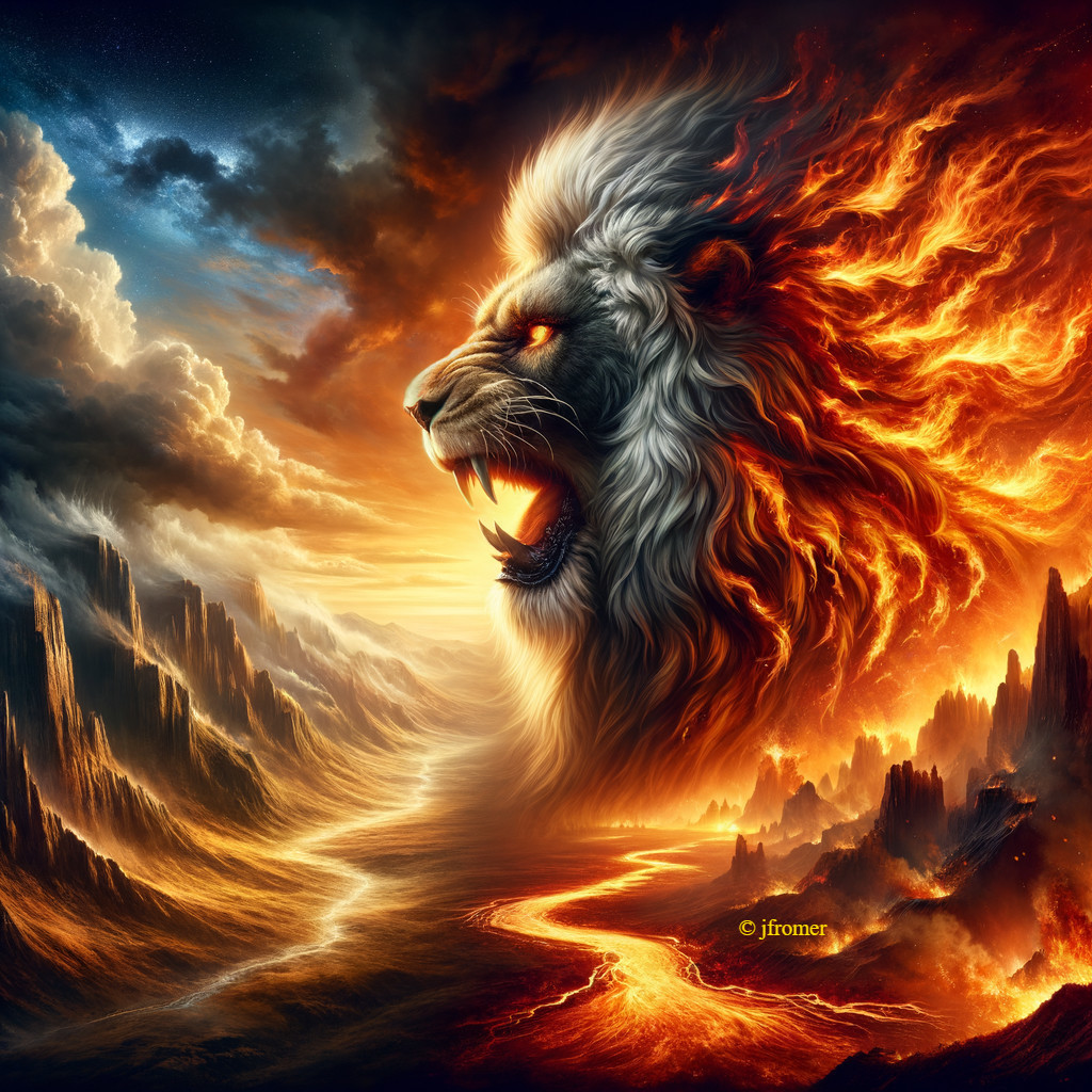Majestic Lion with Fiery Mane in Dramatic Landscape