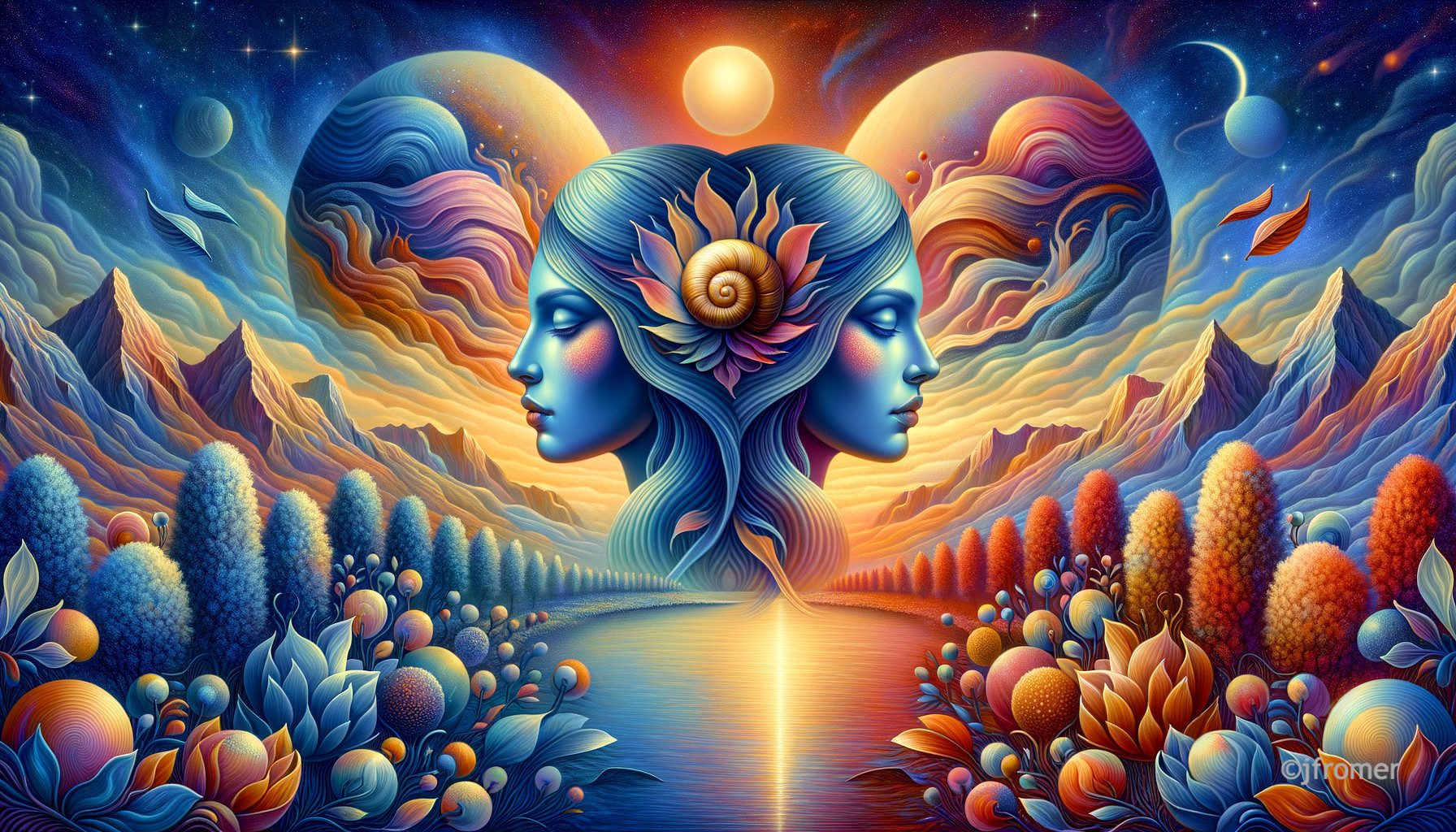 Surreal Landscape with Ethereal Women and Nature Elements