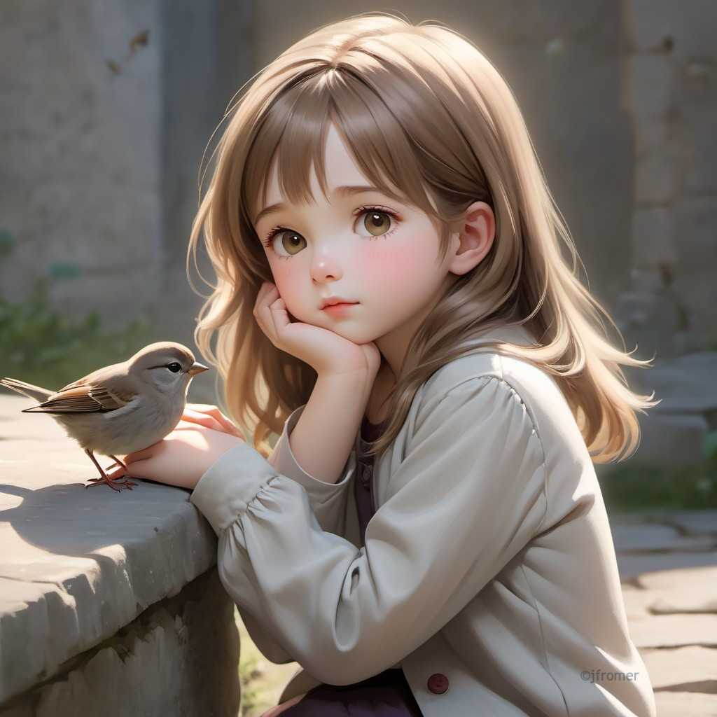 Ethereal Scene with Girl and Bird in Sunlit Setting