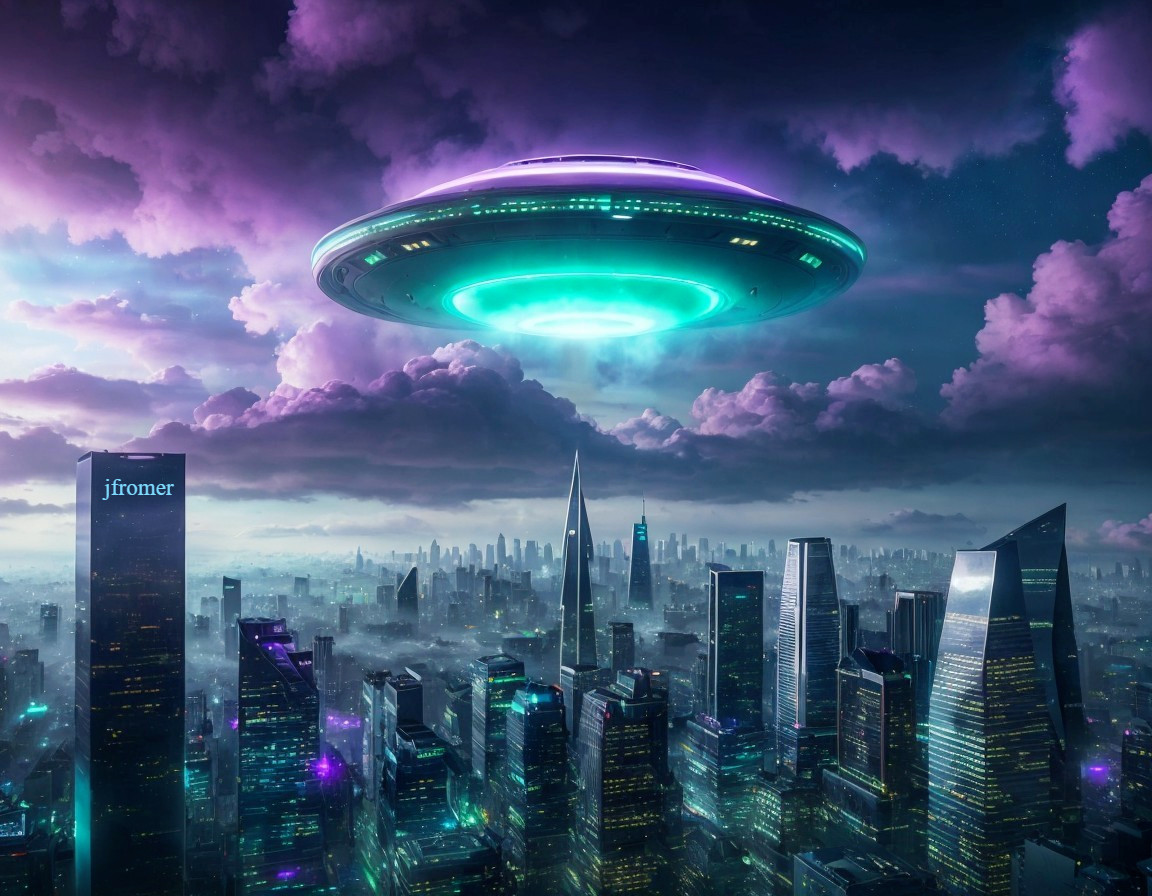 UFO Over Futuristic Cityscape at Twilight Sky