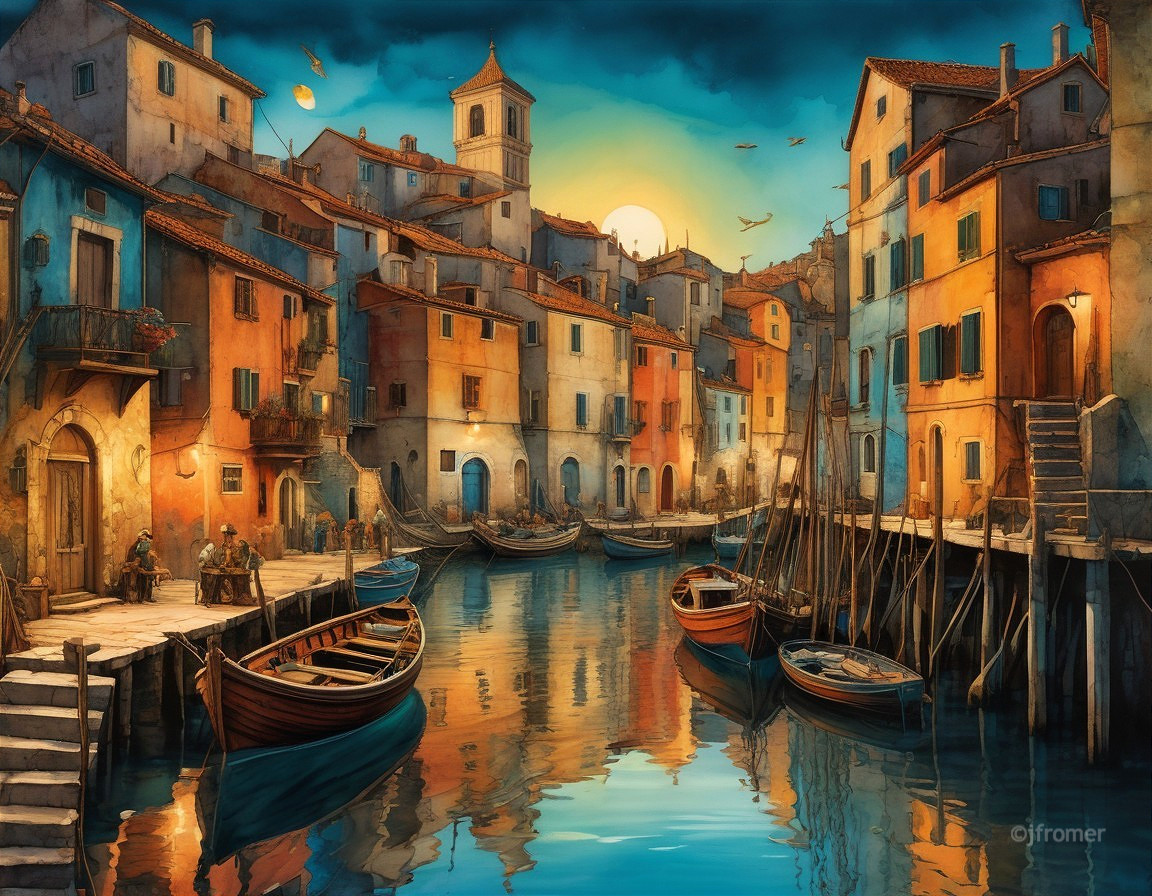 Waterfront Sunset Scene with Colorful Buildings and Boats