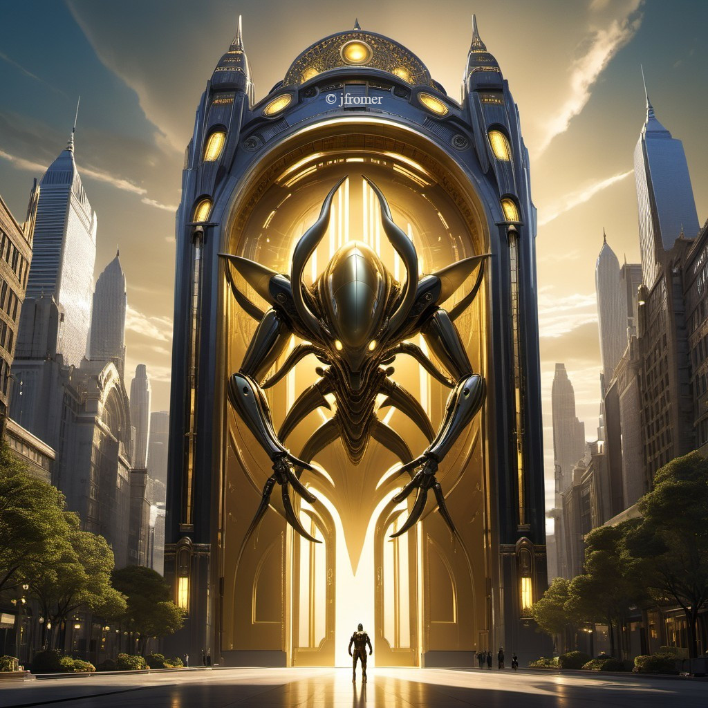 Imposing Gate with Golden Spider Sculpture and Skyscrapers