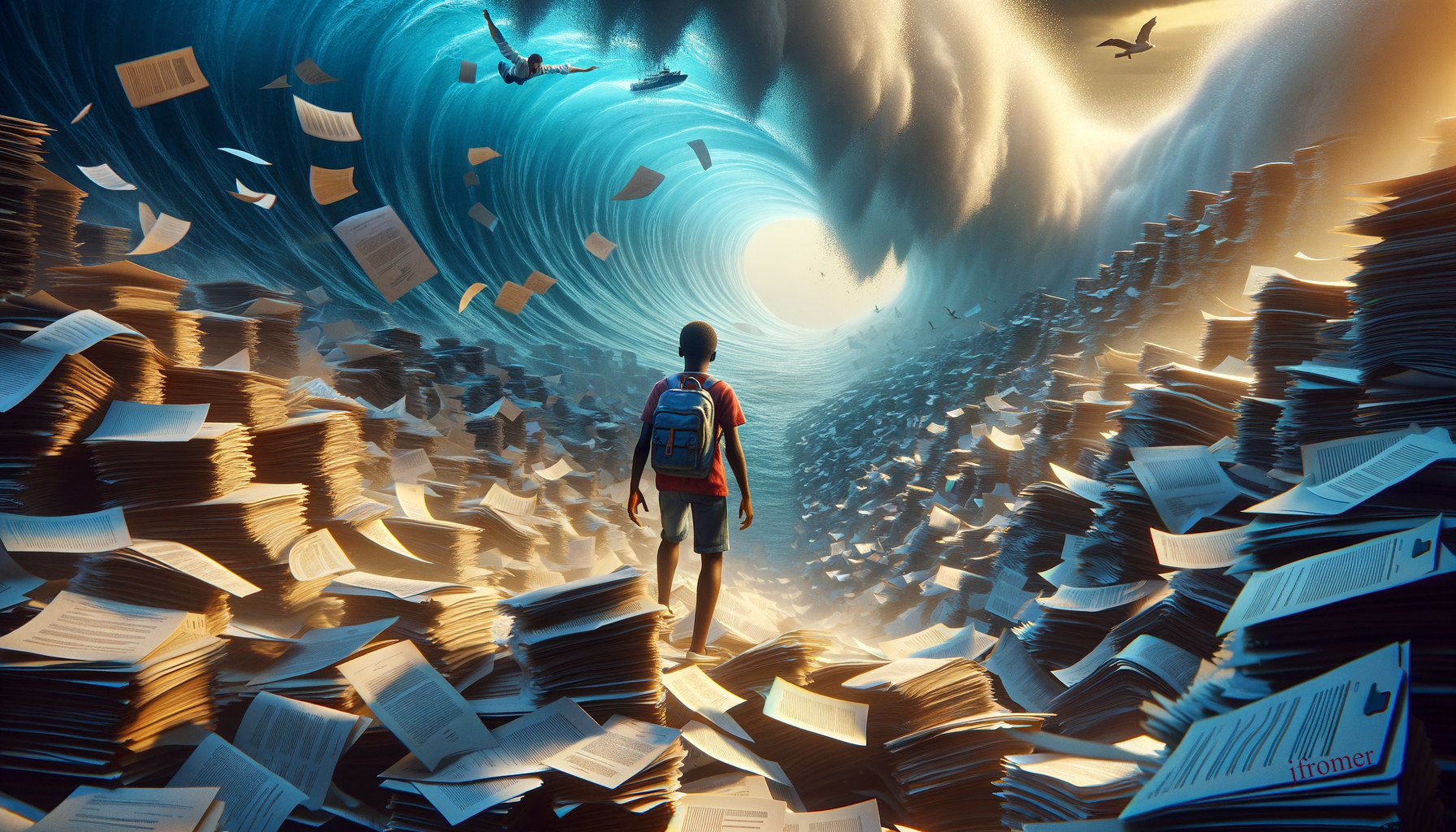 Surreal Vortex of Swirling Pages and Floating Silhouettes