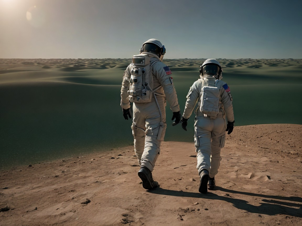 Astronauts Exploring Sandy Landscape on Alien Planet