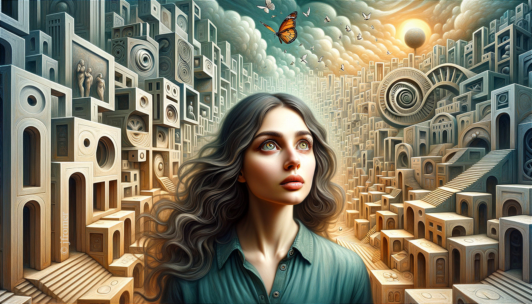 Surreal Scene of Young Woman in Abstract Labyrinth