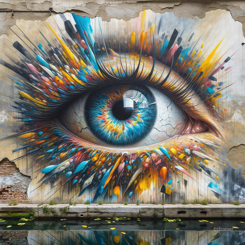 Mural of a giant eye on a weathered wall by waterfront