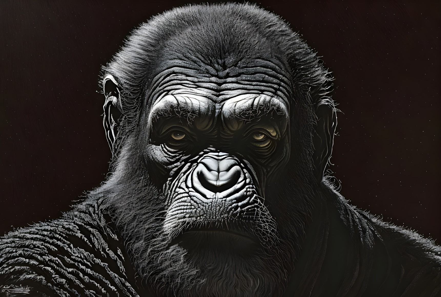 Detailed Portrait of Pensive Gorilla Against Dark Background