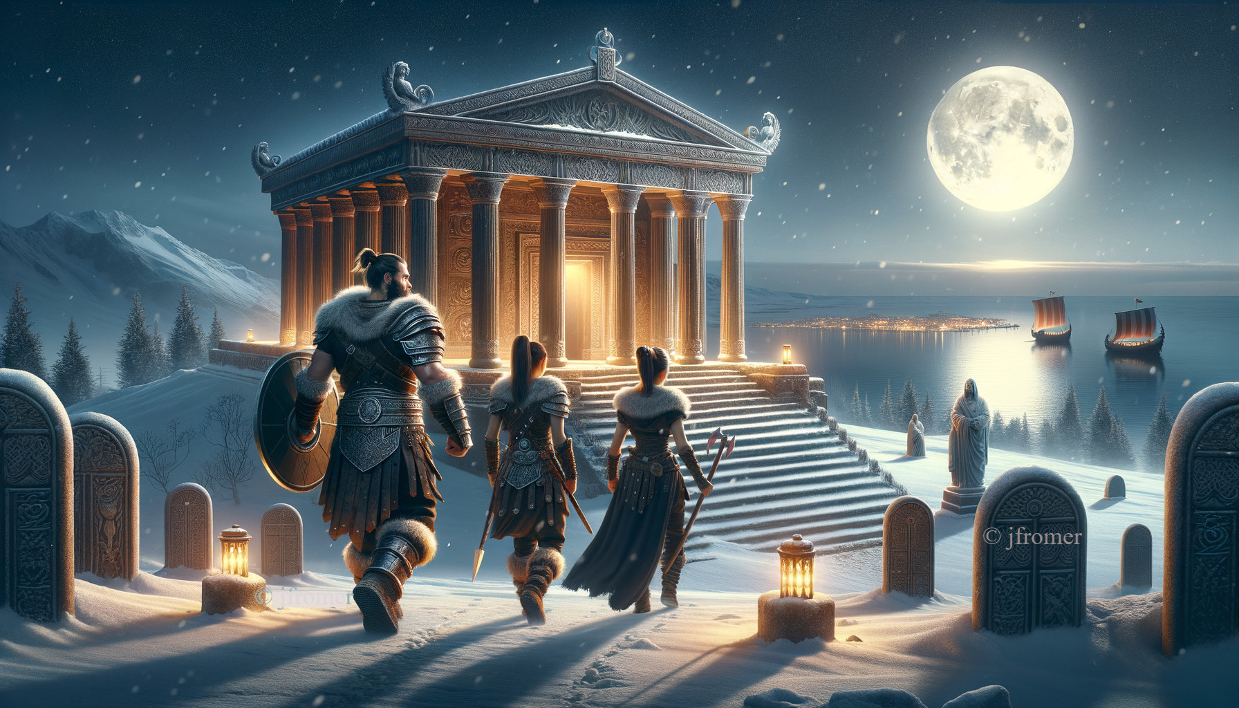 Armored Warriors in a Snowy Temple Landscape