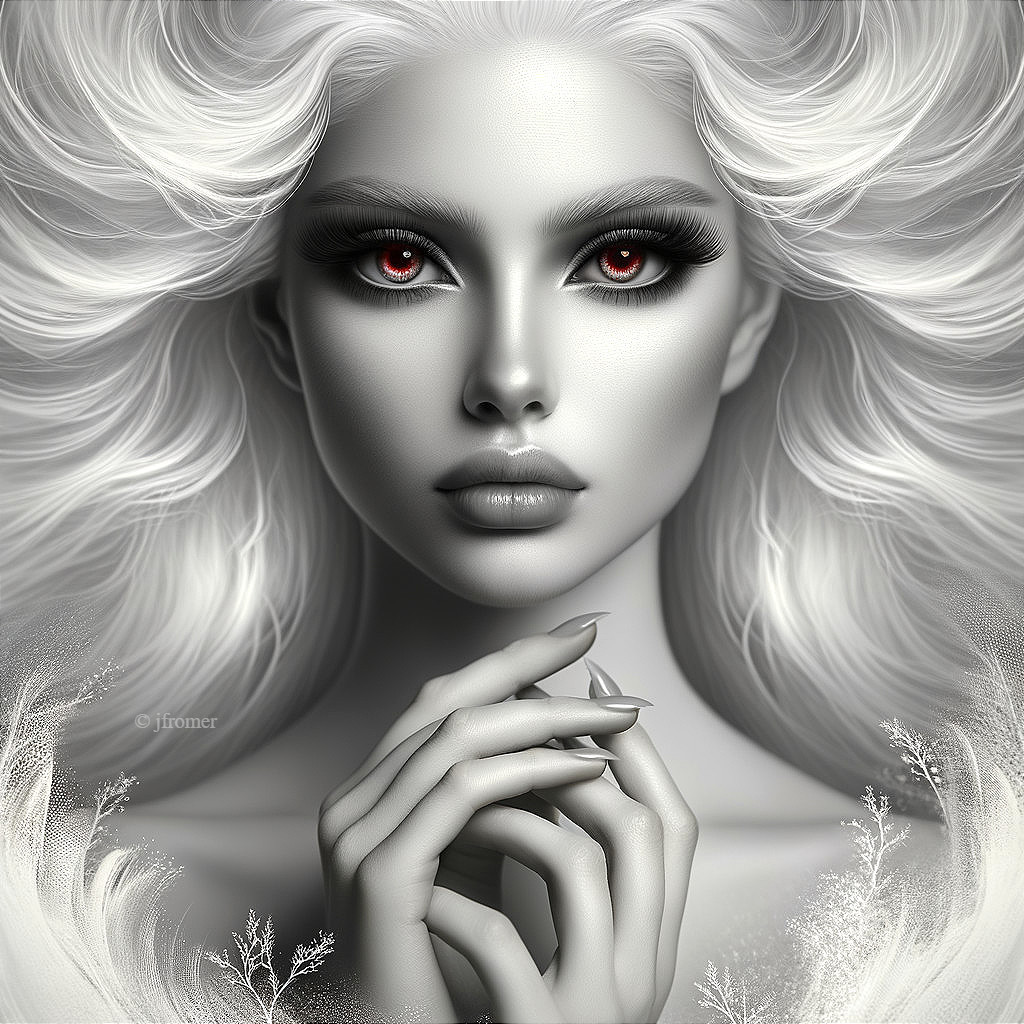 Ethereal figure with pale skin and white hair