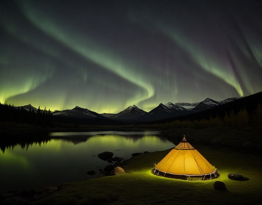 Glowing Tent by Lake Under Northern Lights at Night