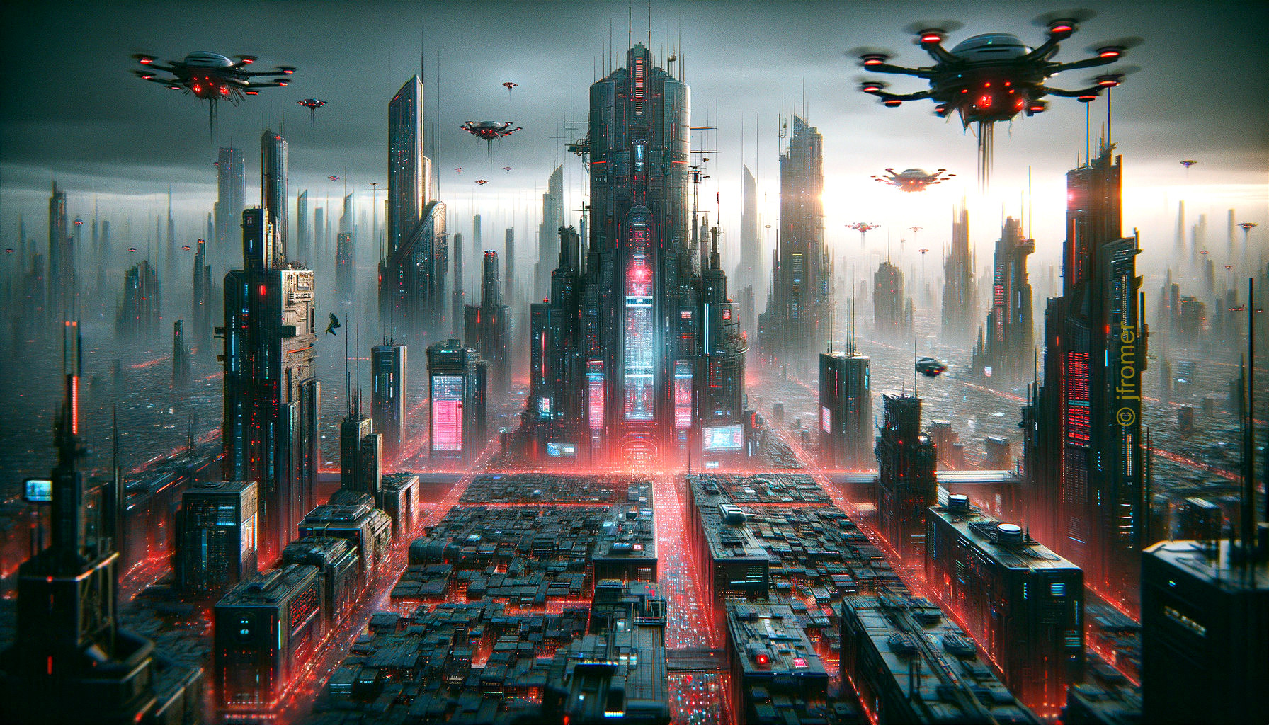 Futuristic cityscape with skyscrapers and neon lights