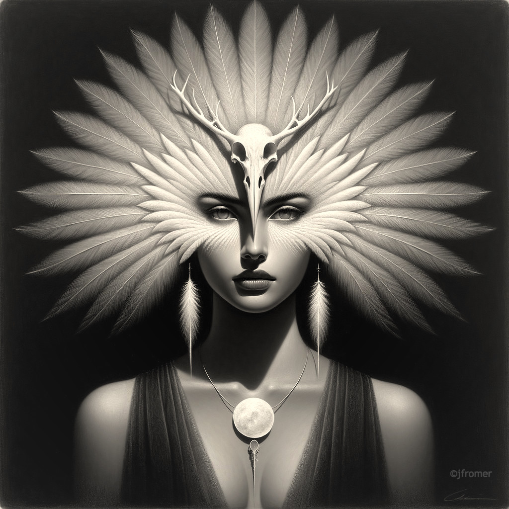 Monochromatic Portrait of a Woman with Feathered Headdress