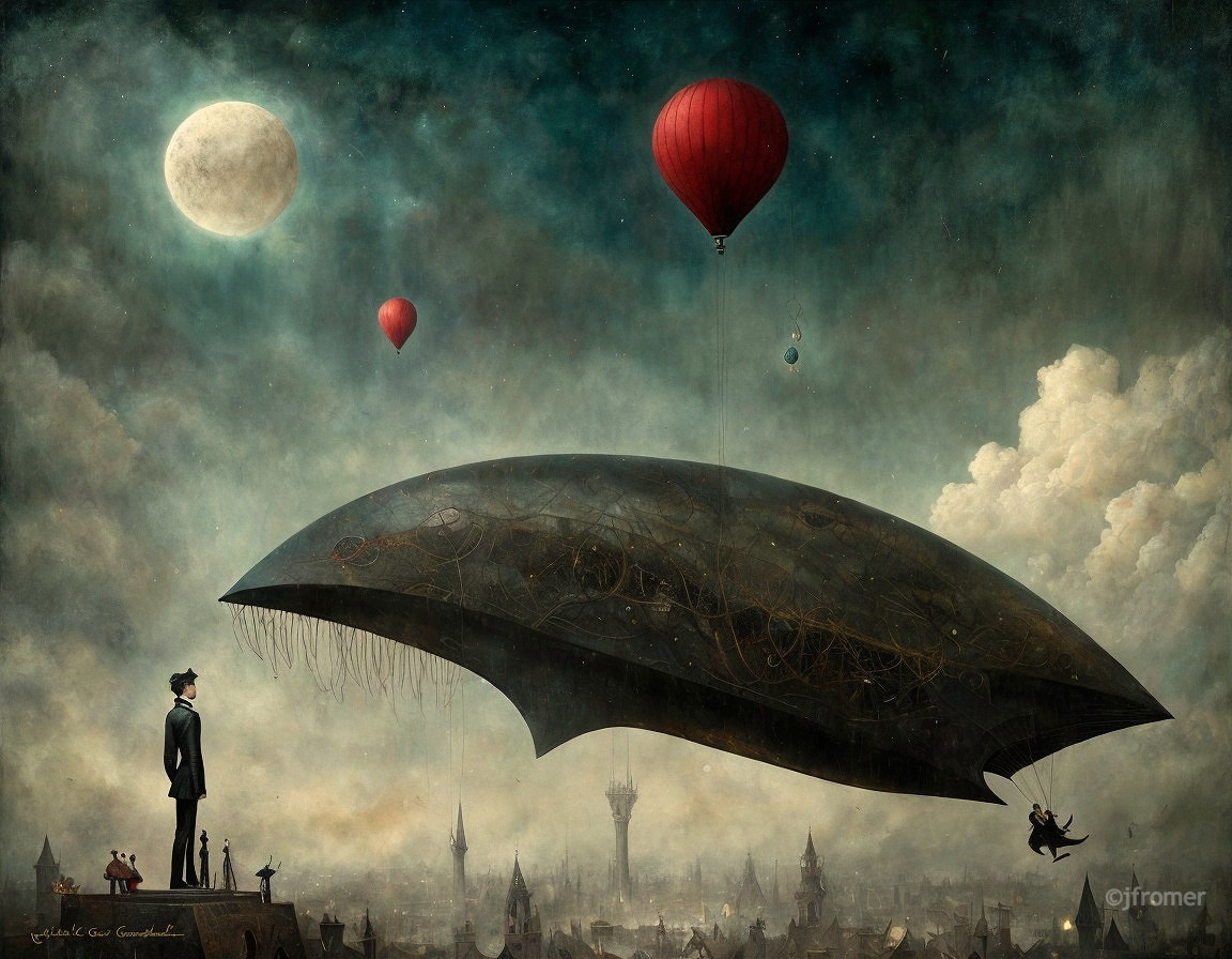 Surreal Landscape with Whale-like Airship and Cityscape