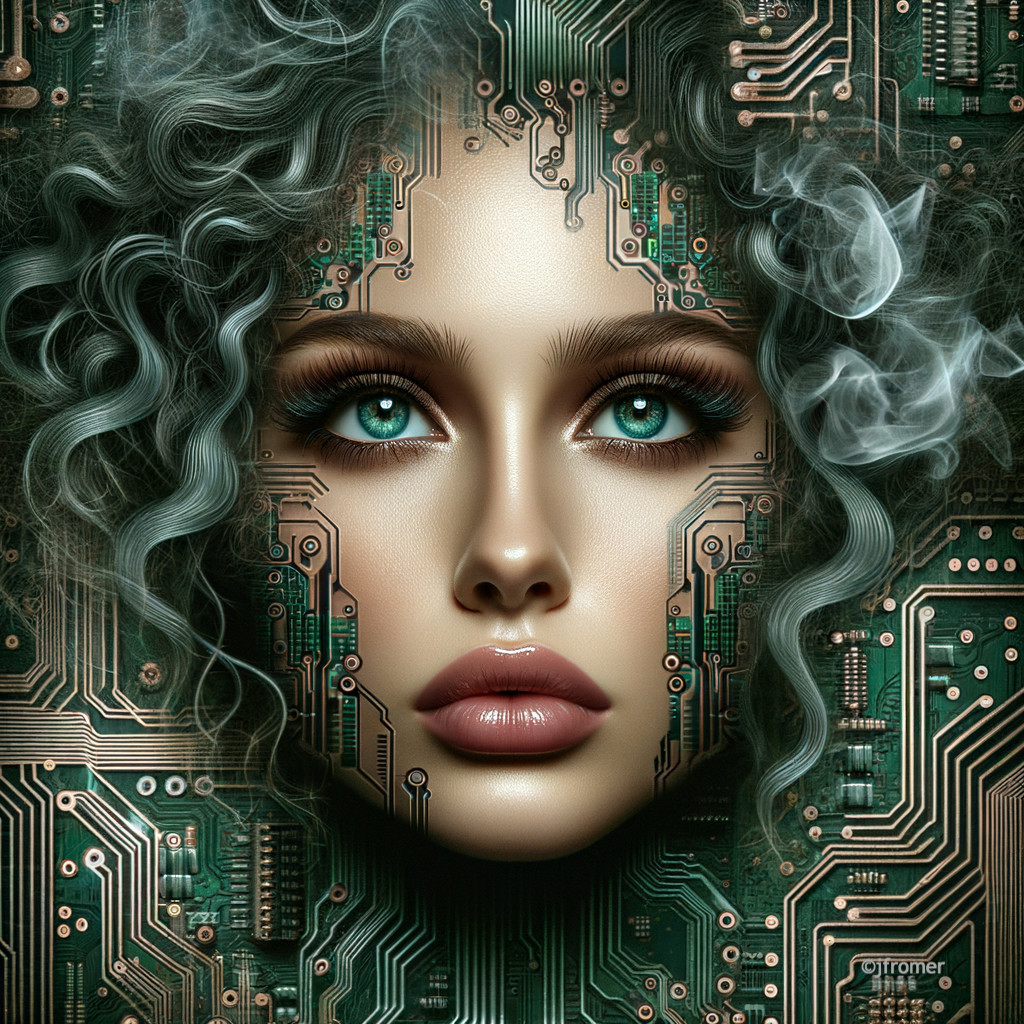 Woman's Face Merged with Circuit Board Design