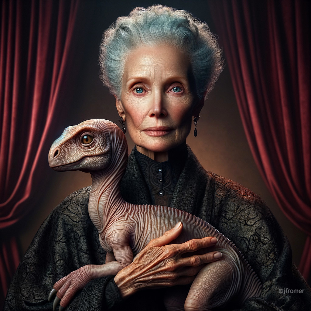 Regal Woman with Blue Hair and Feathered Dinosaur