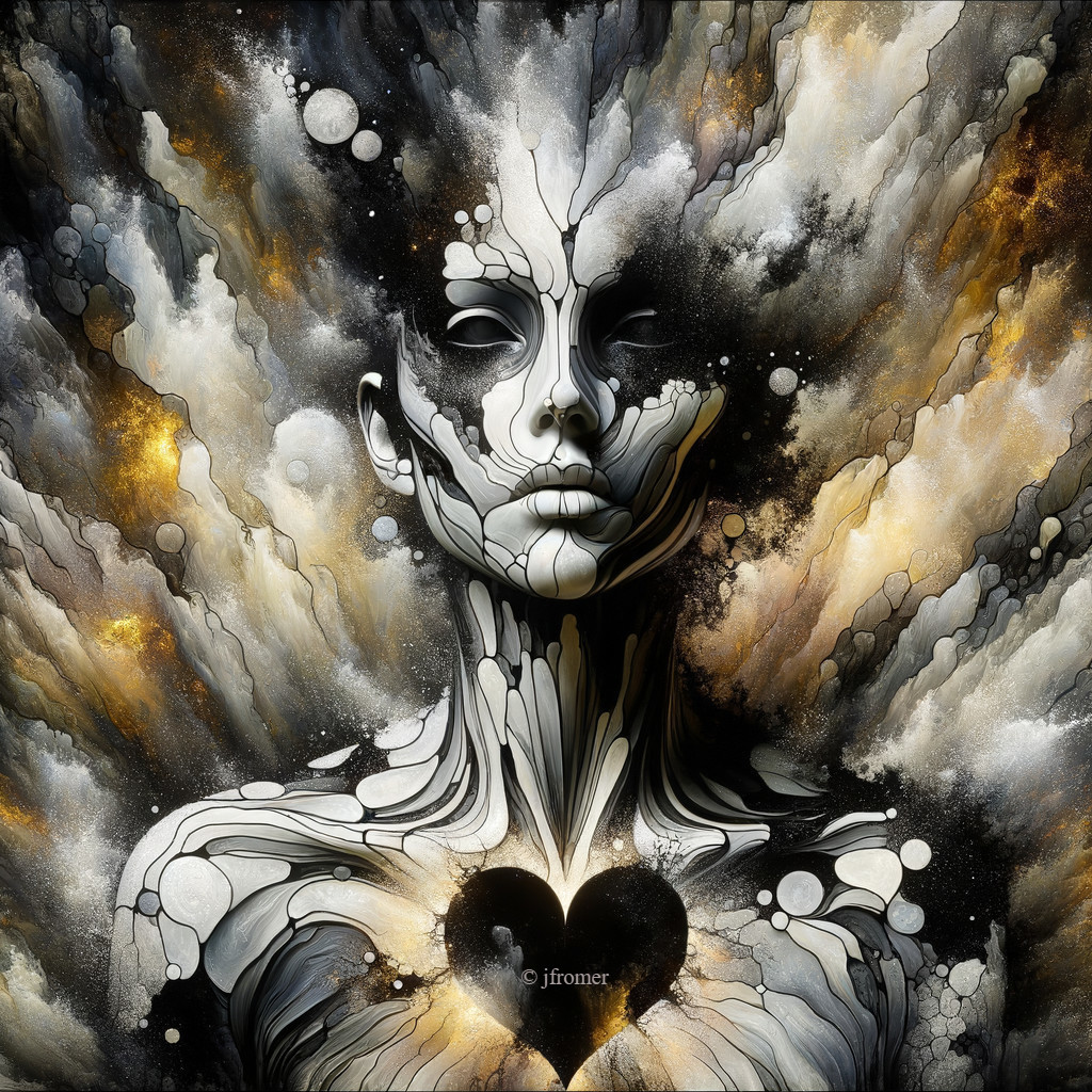 Ethereal Female Figure in Cosmic Black, White, Gold
