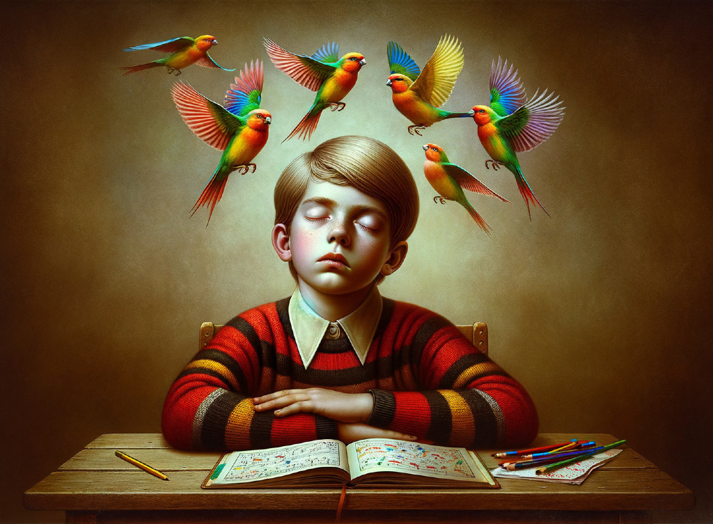 Young boy at desk with colorful birds and open book