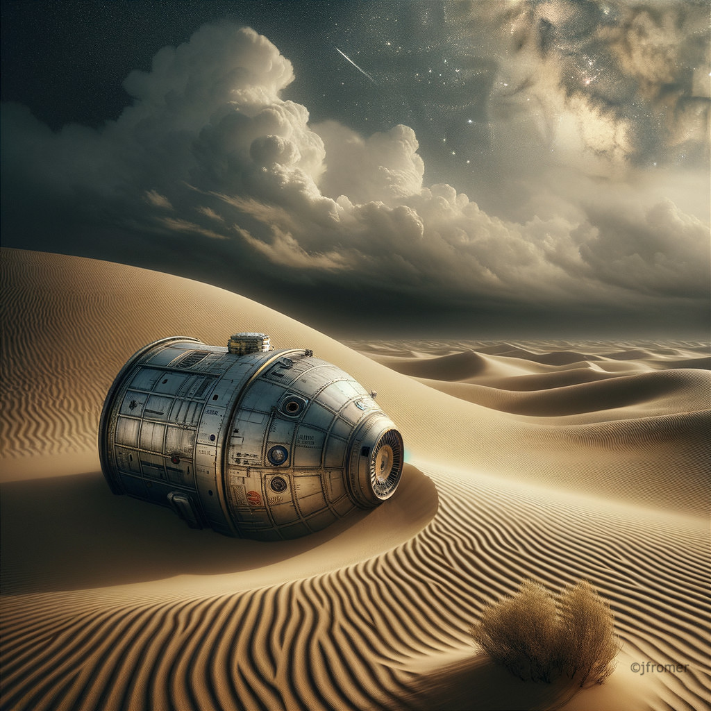 Futuristic spacecraft in golden sand dunes under sky