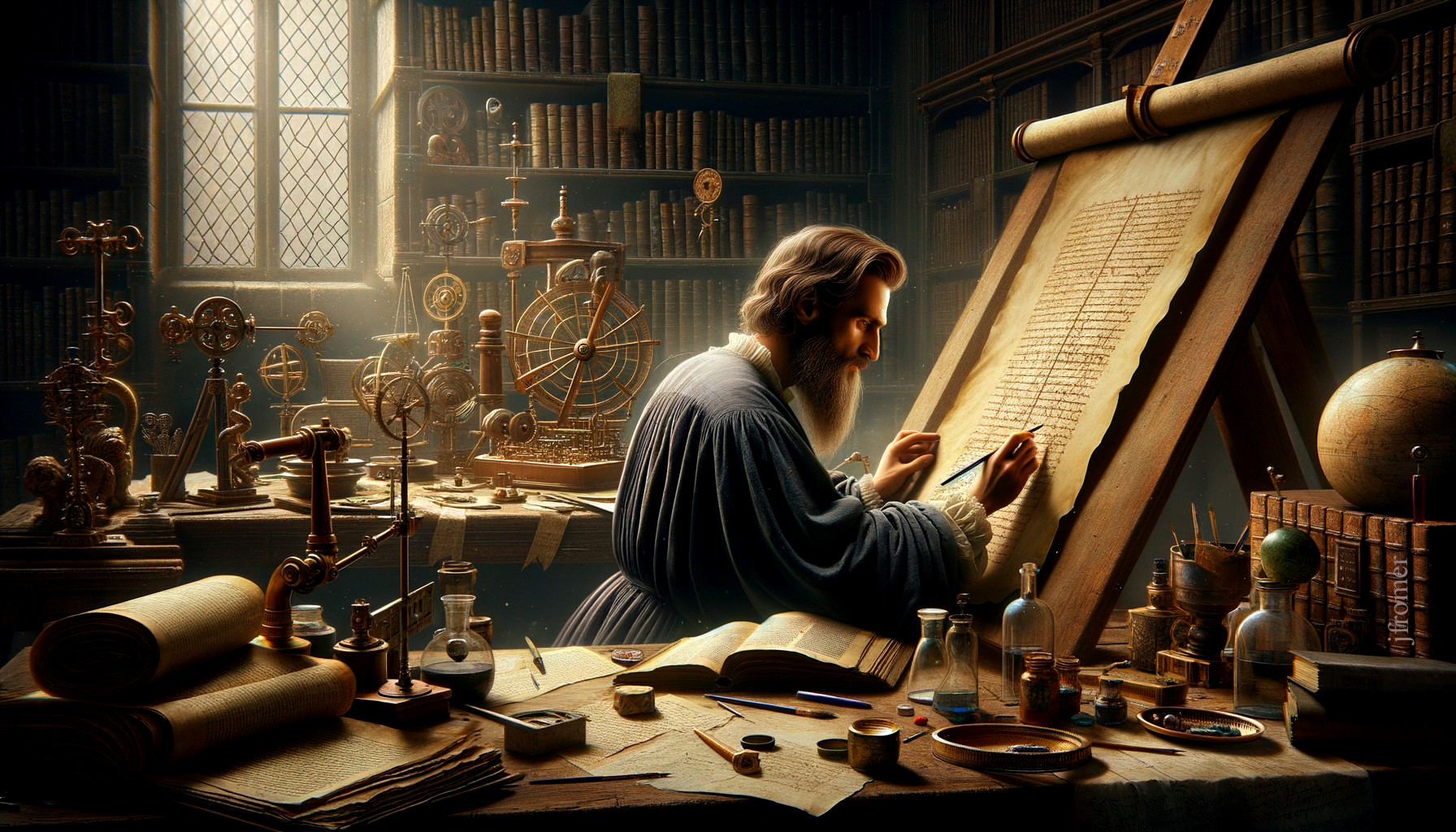 Elderly Scholar Writing in a Dimly Lit Library