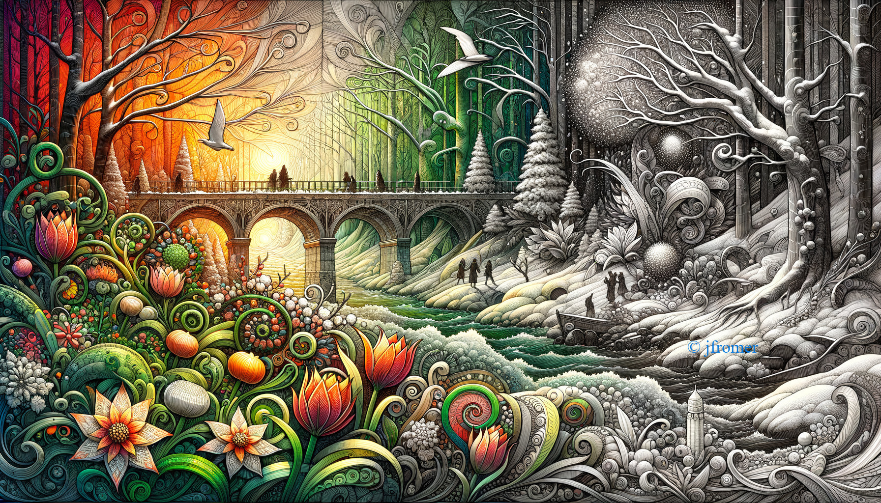 Artwork Illustrating Autumn to Winter Transition with Bridge