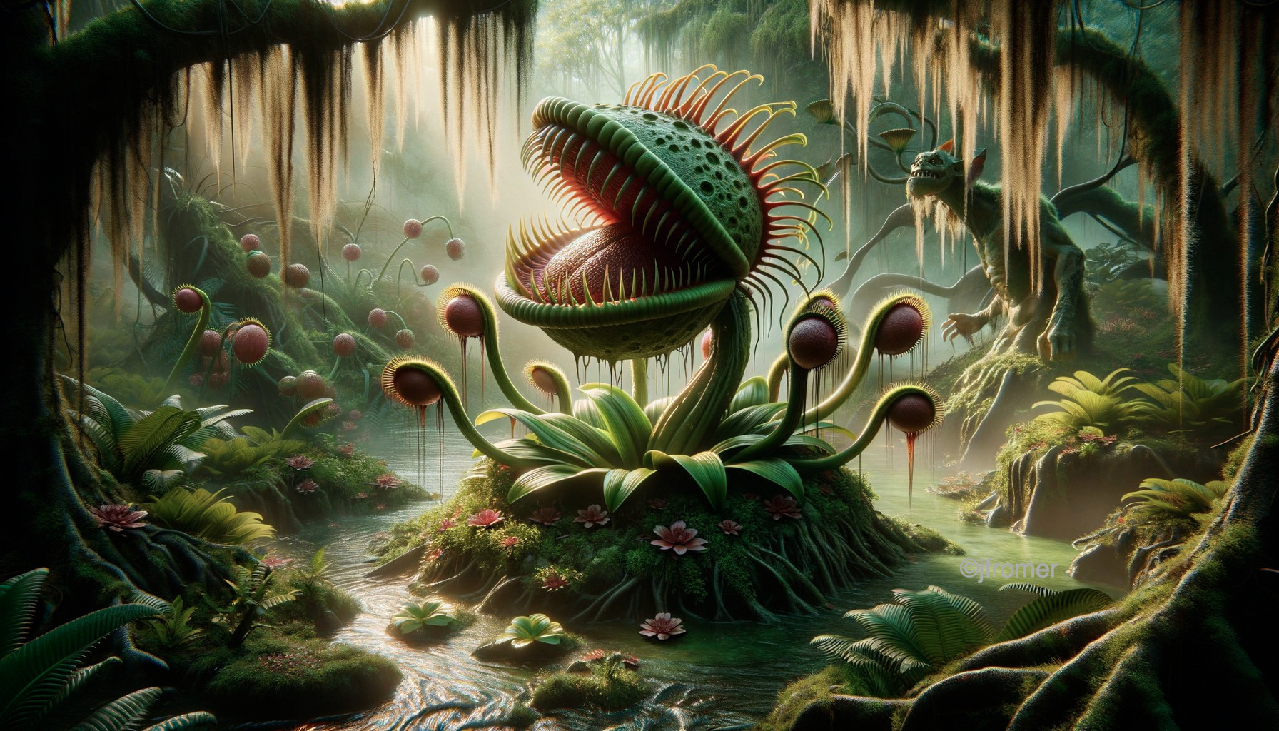 Carnivorous Plant in a Lush, Misty Ecosystem